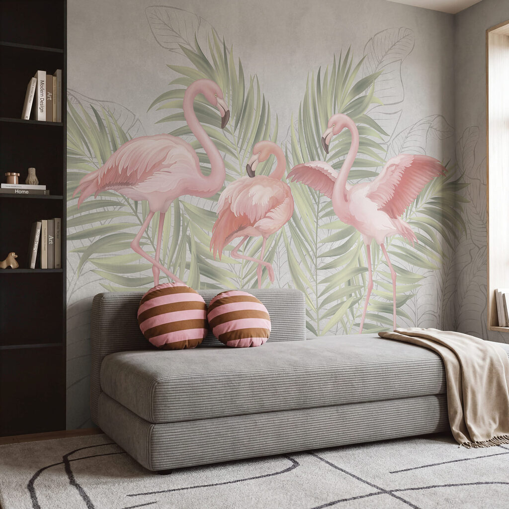 Drie flamingo's voor palmblad — interieur 2