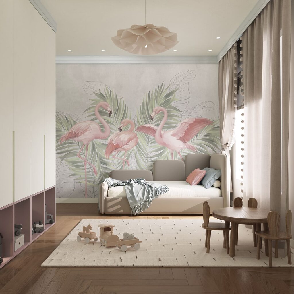 Drie flamingo's voor palmblad — interieur 3