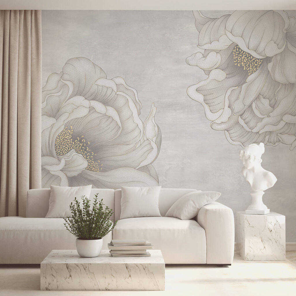 Grote bloemen in grijstekening — interieur 1