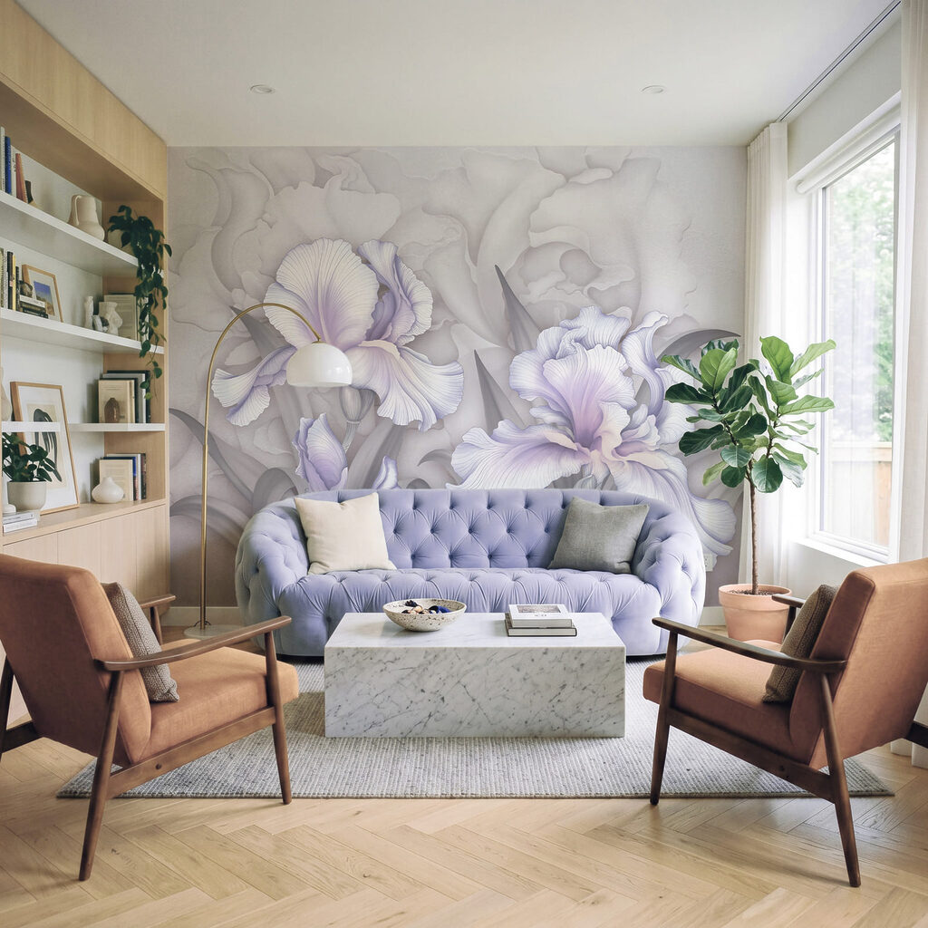 Lila irissen op wit — interieur 1