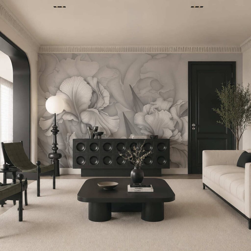 Elegante bloemen in zachte grijstinten in een interieur