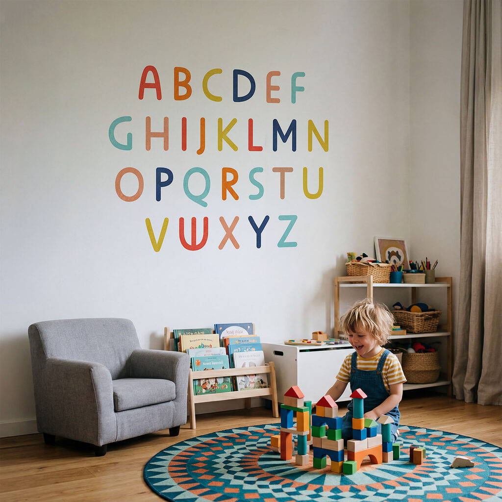 Groep kleurrijke letters in een interieur