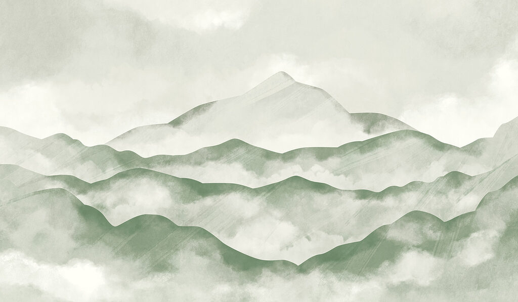 Groene toppen tussen wolken — volledig ontwerp