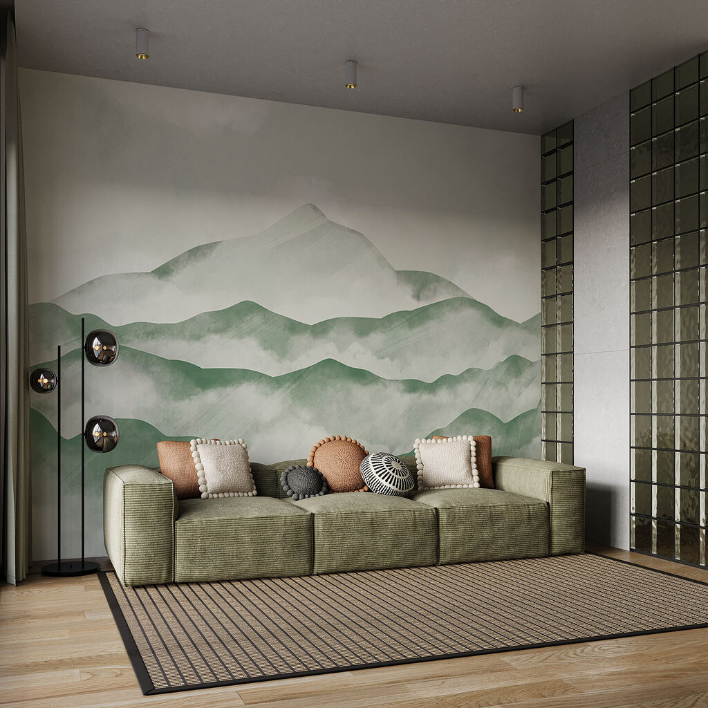 Bergketen met wolken in een interieur