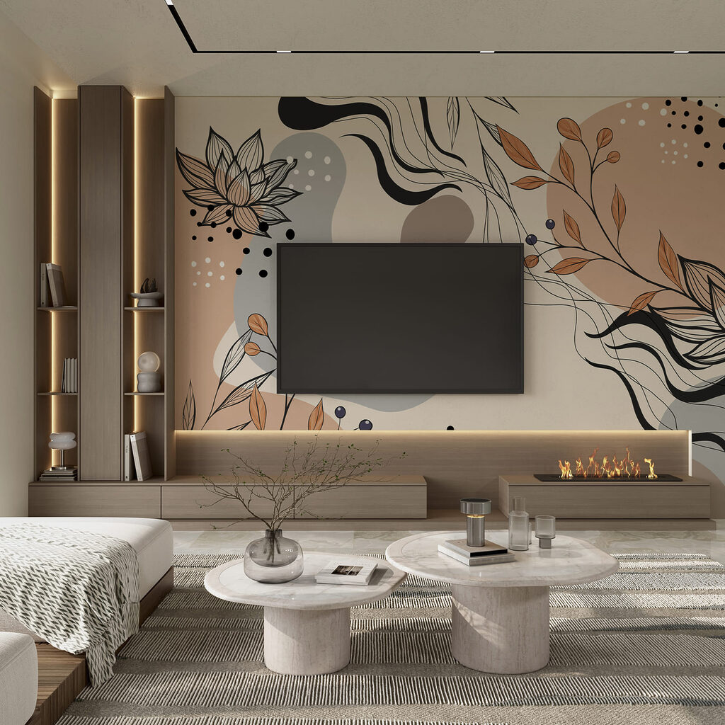 Tekening van bloemen en bladeren in een interieur
