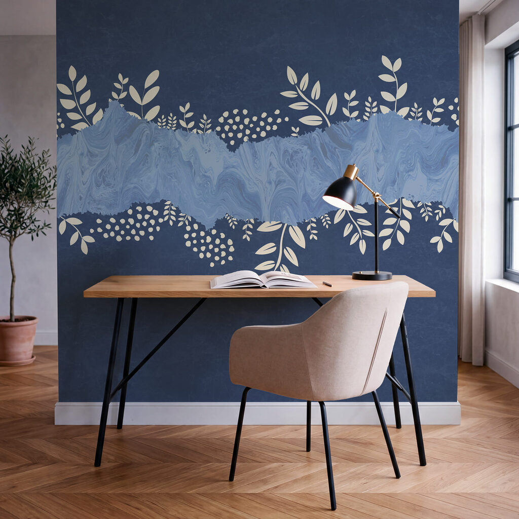 Blauw-witte achtergrond met witte blaadjes en stippen in een interieur