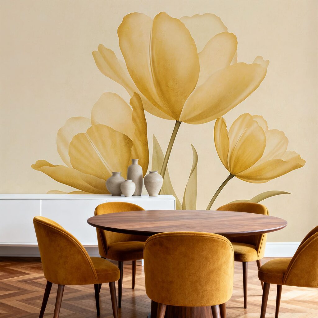 Gele bloemen met groene bladeren in een interieur