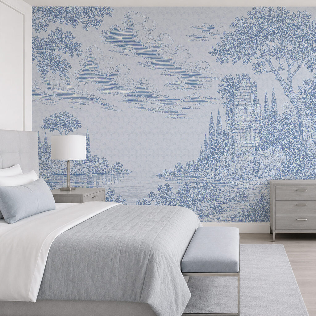 Blauw-witte tekening van een meer en bomen in een interieur