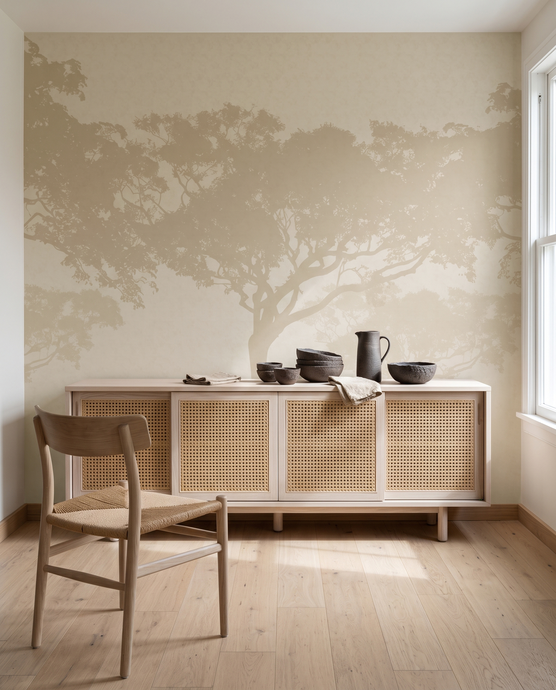 Boomkruinen in warme nevel in een interieur