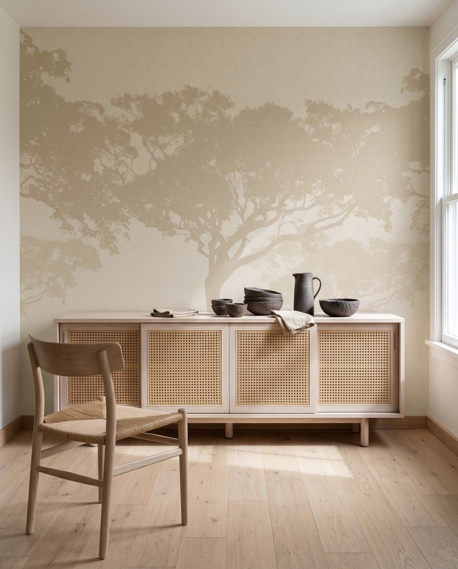 Boomkruinen in warme nevel in een interieur