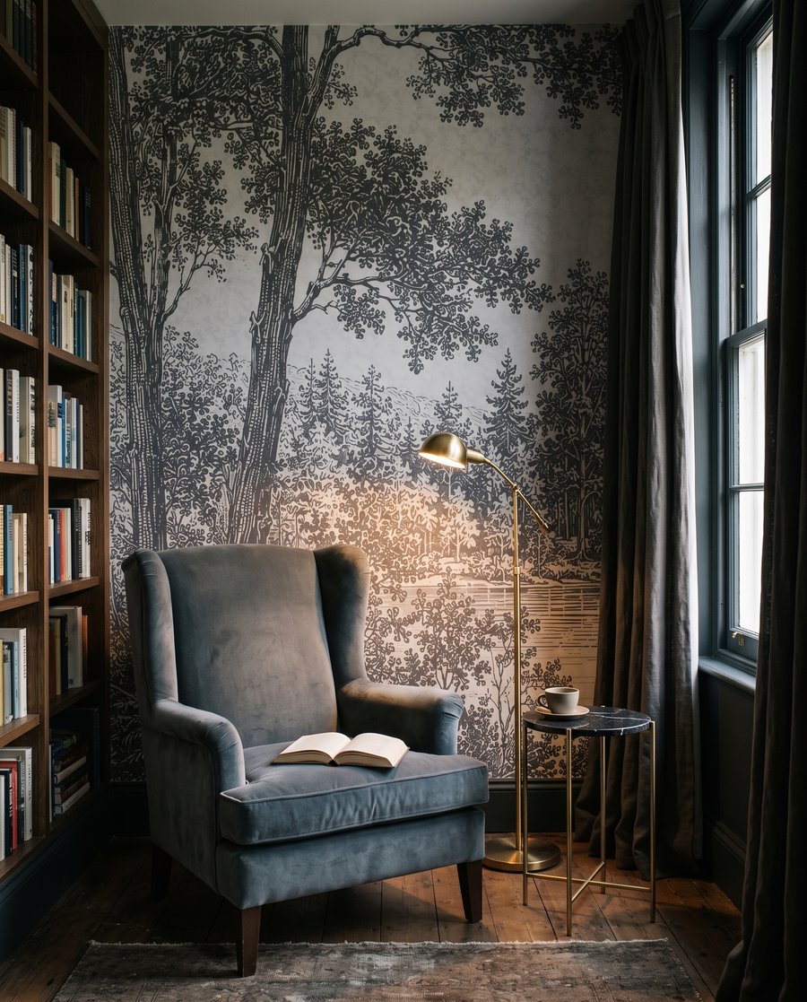 Bosmeer in fijne gravure in een interieur