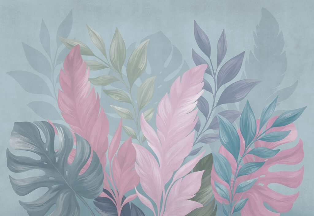 Roze tropenbladeren tegen blauw — volledig ontwerp