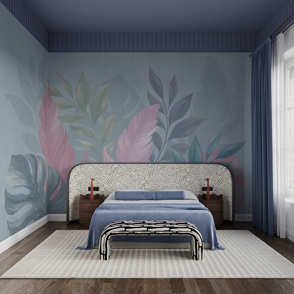 Roze tropenbladeren tegen blauw — interieur 2