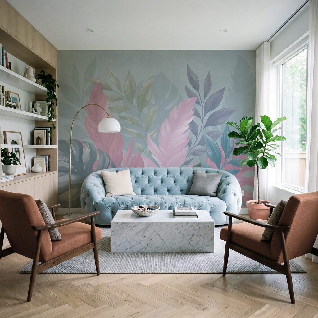 Roze tropenbladeren tegen blauw — interieur 3