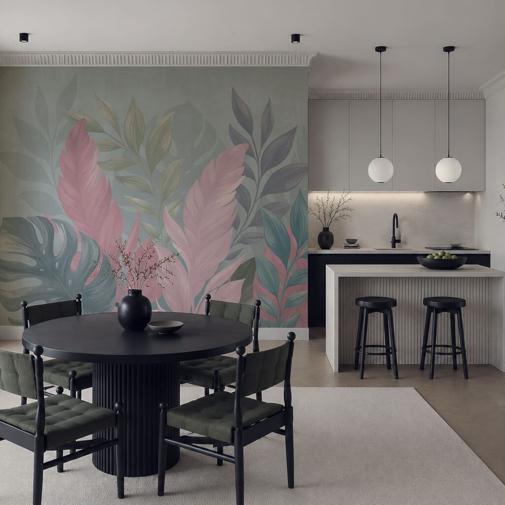 Roze tropenbladeren tegen blauw — interieur 4