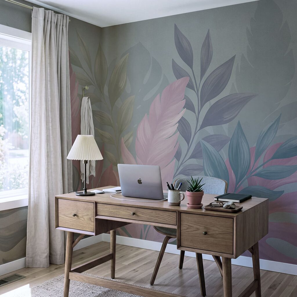 Roze tropenbladeren tegen blauw — interieur 1