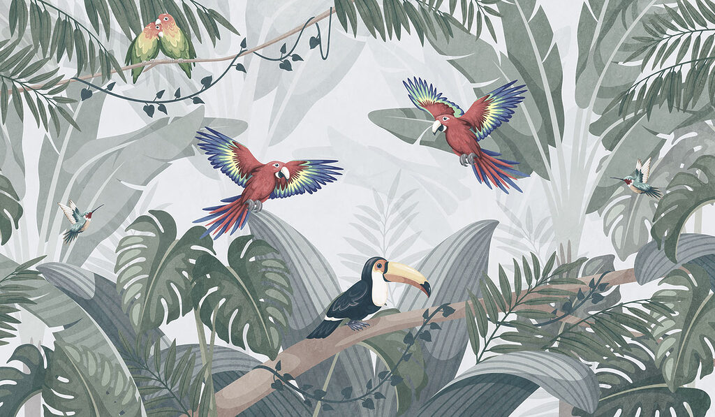 Papegaaien boven een toekan — volledig ontwerp