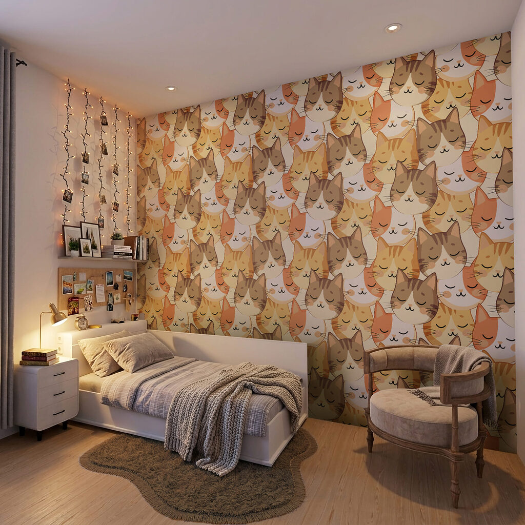 Kattengezichten vullen het beeld — interieur 1