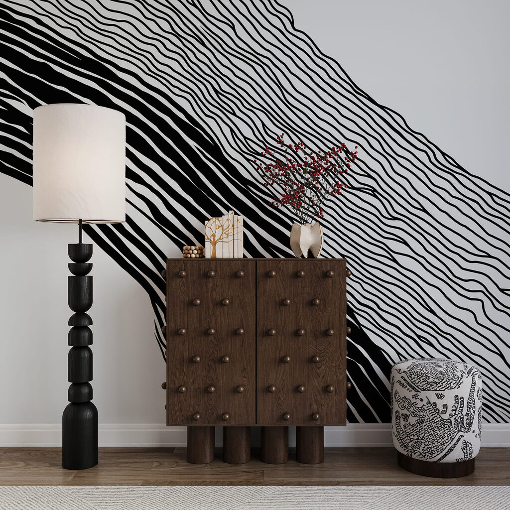 Zwarte lijnbundels buigen schuin — interieur 3