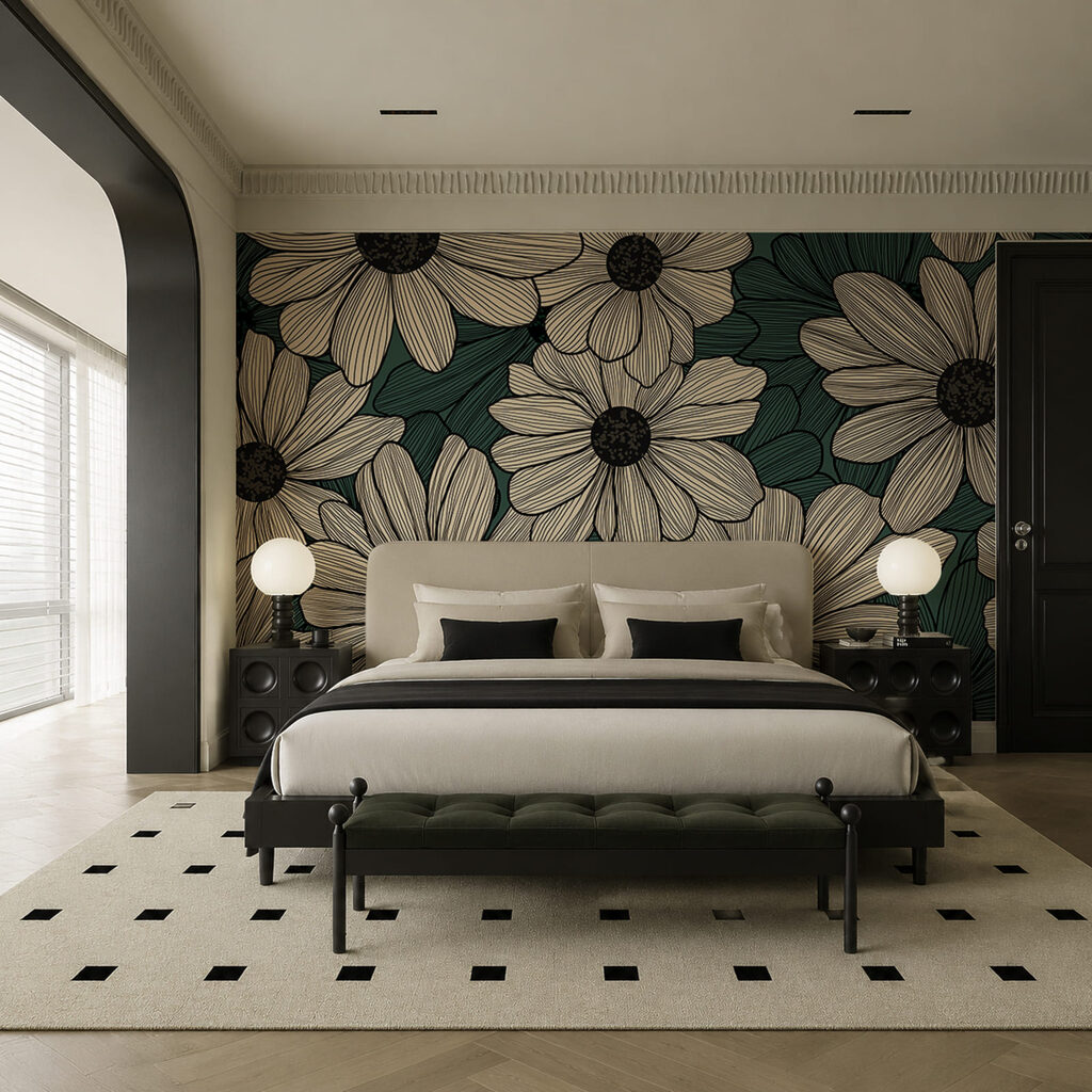 Roomwitte bloemen op petrol — interieur 1