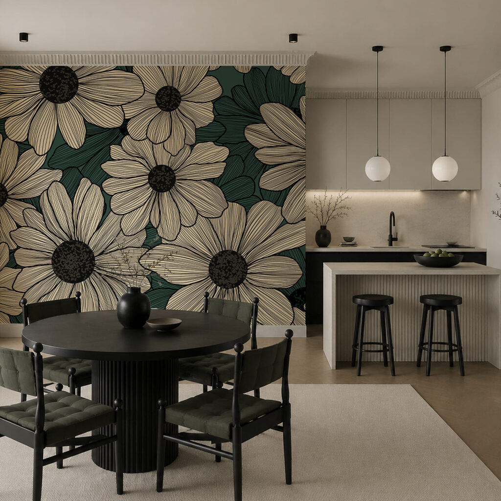 Roomwitte bloemen op petrol — interieur 3