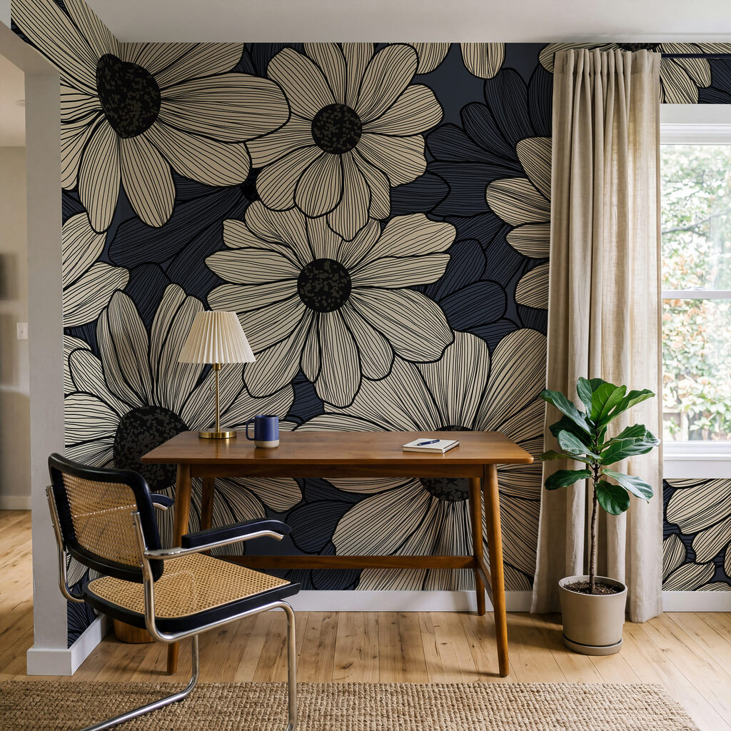 Een boeket bloemen op een blauwe achtergrond in een interieur