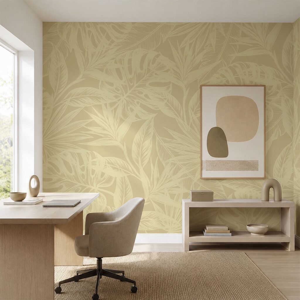 Bladmotief op een beige achtergrond in een interieur