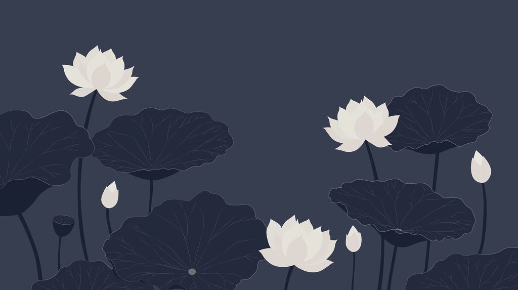 Witte lotussen op nachtblauw — volledig ontwerp