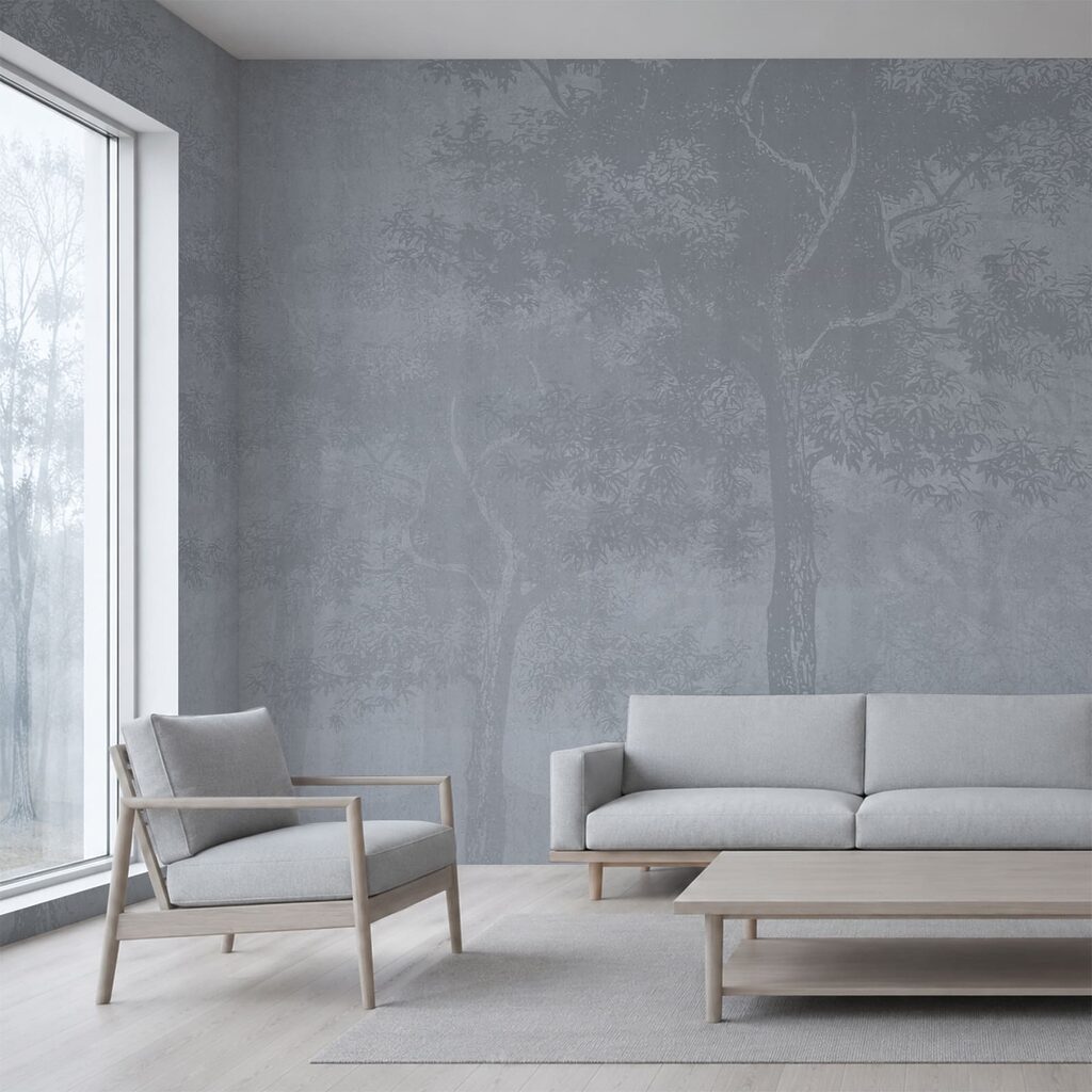 Grijze achtergrond met bomen in een interieur