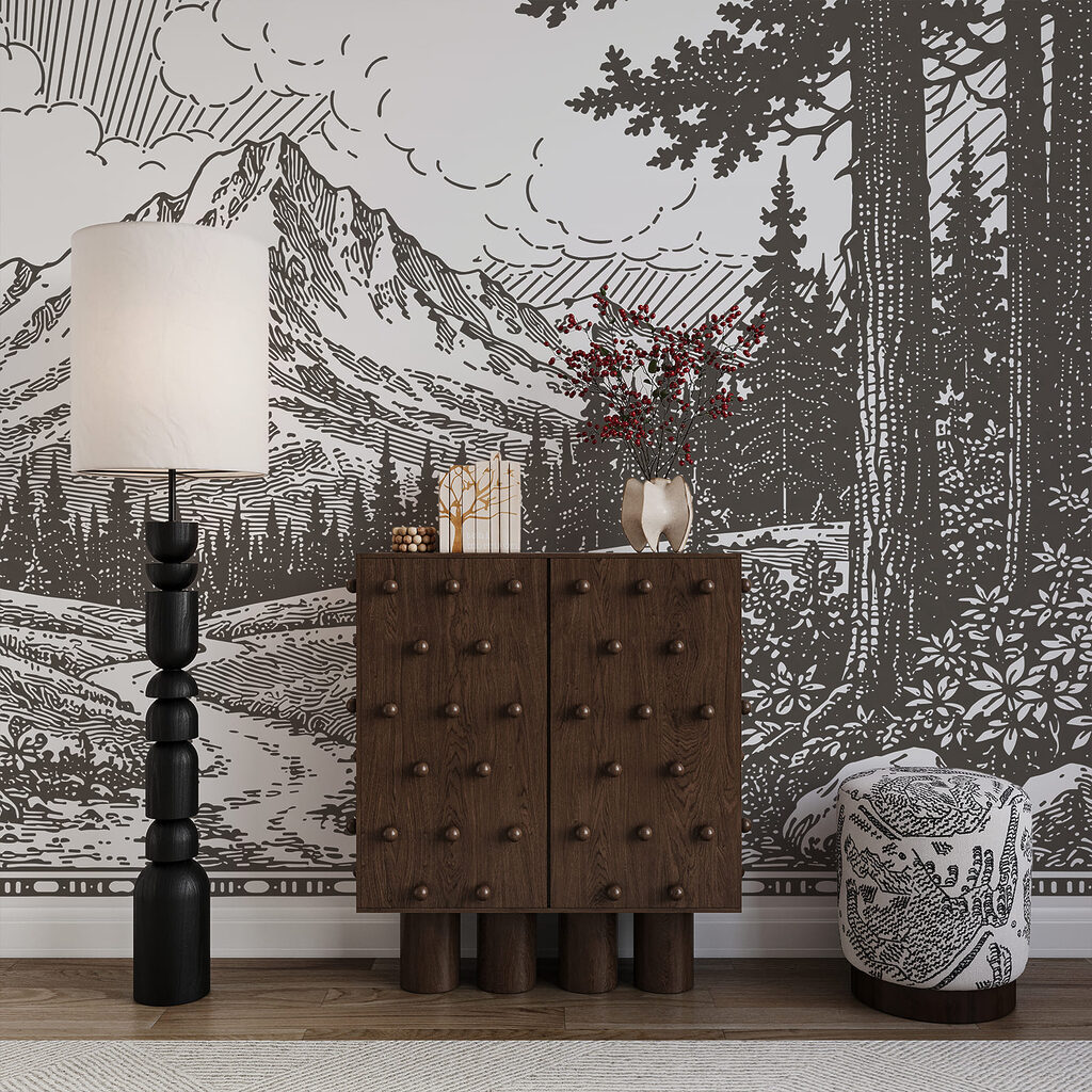 Bergpad tussen getekende dennen — interieur 2