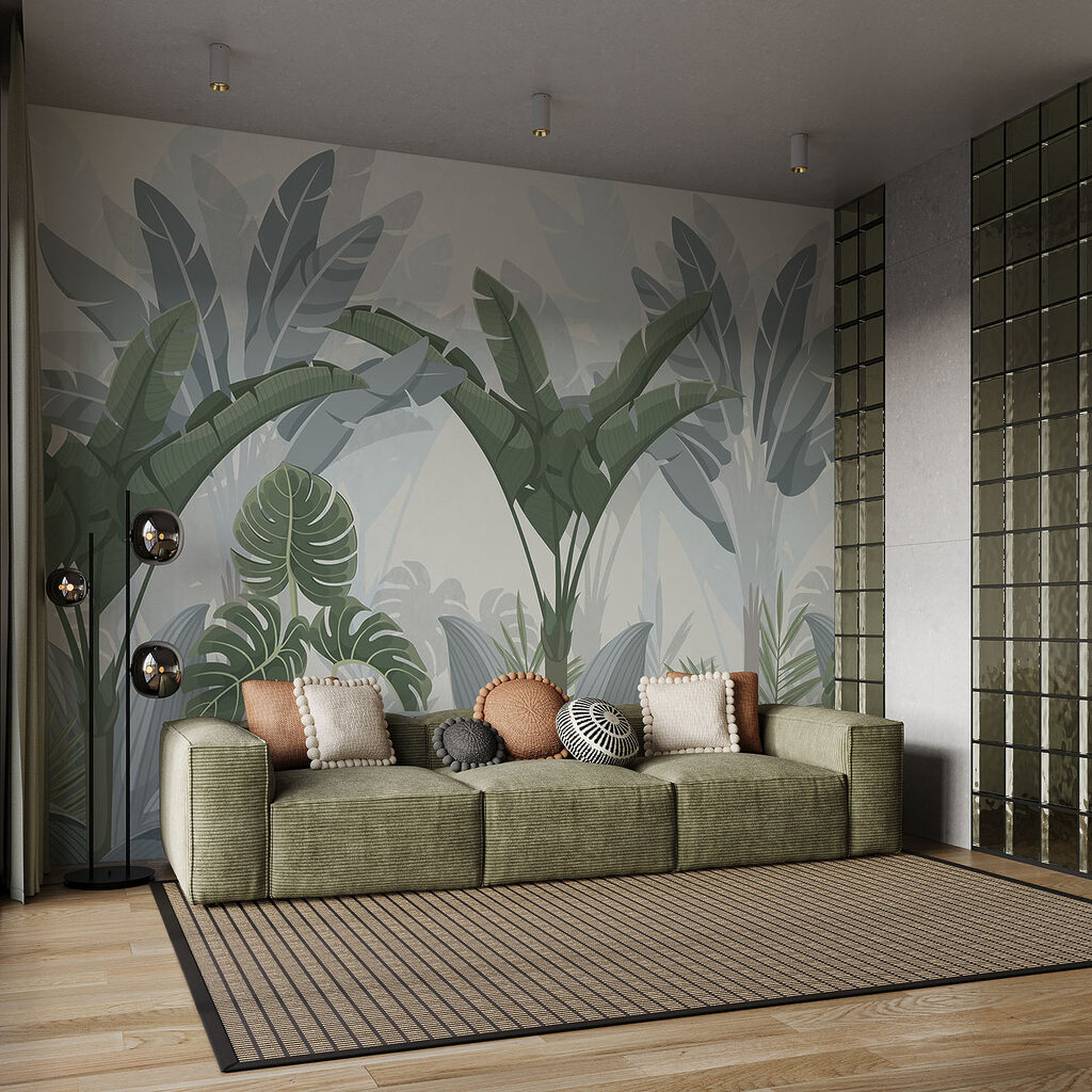 Tropenbladeren in grijsgroene lagen — interieur 2