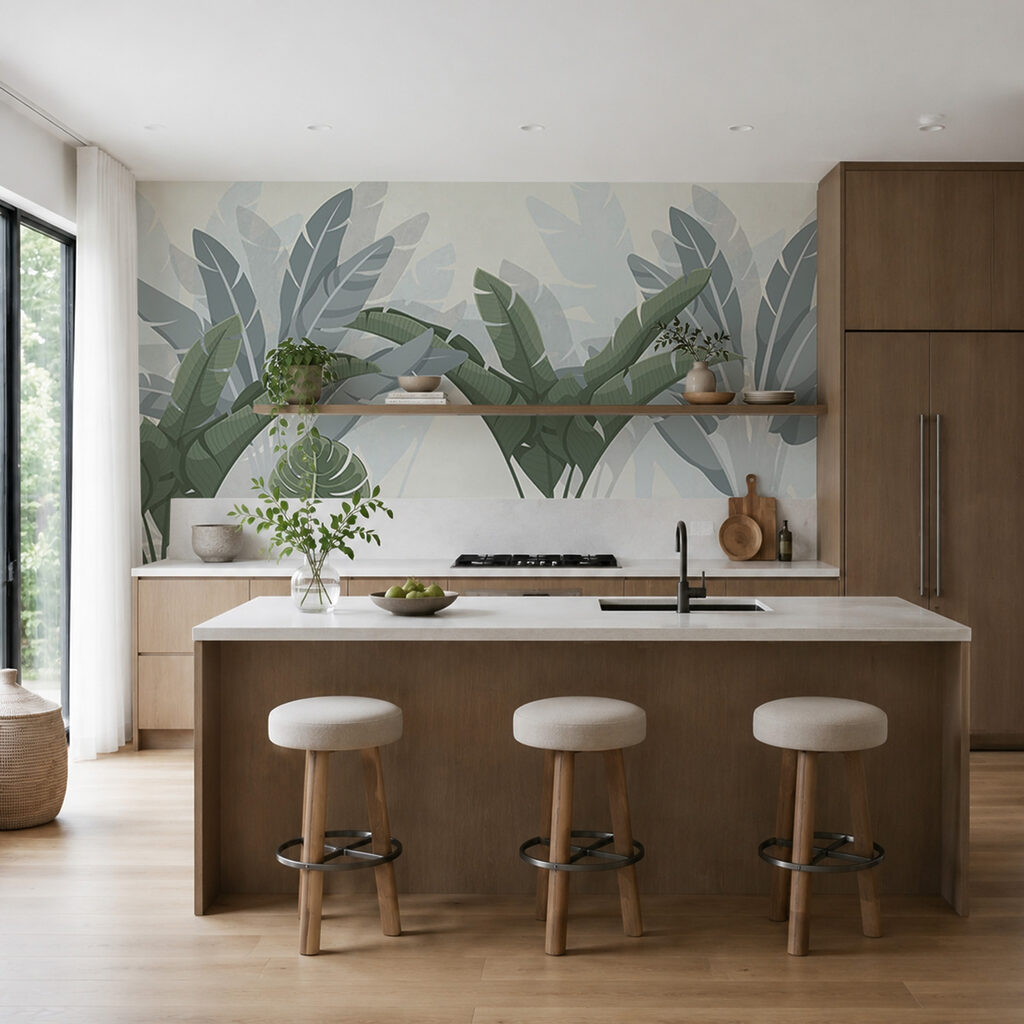 Tropenbladeren in grijsgroene lagen — interieur 3