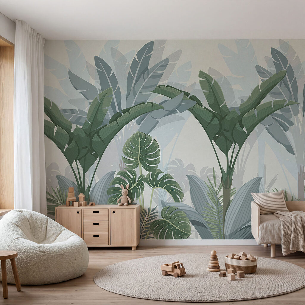 Tropenbladeren in grijsgroene lagen — interieur 1