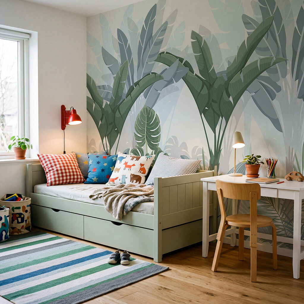 Tropenbladeren in grijsgroene lagen — interieur 4