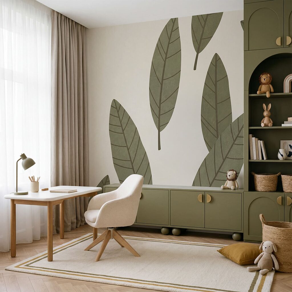 Olijfgroene bladeren met nerflijnen — interieur 1