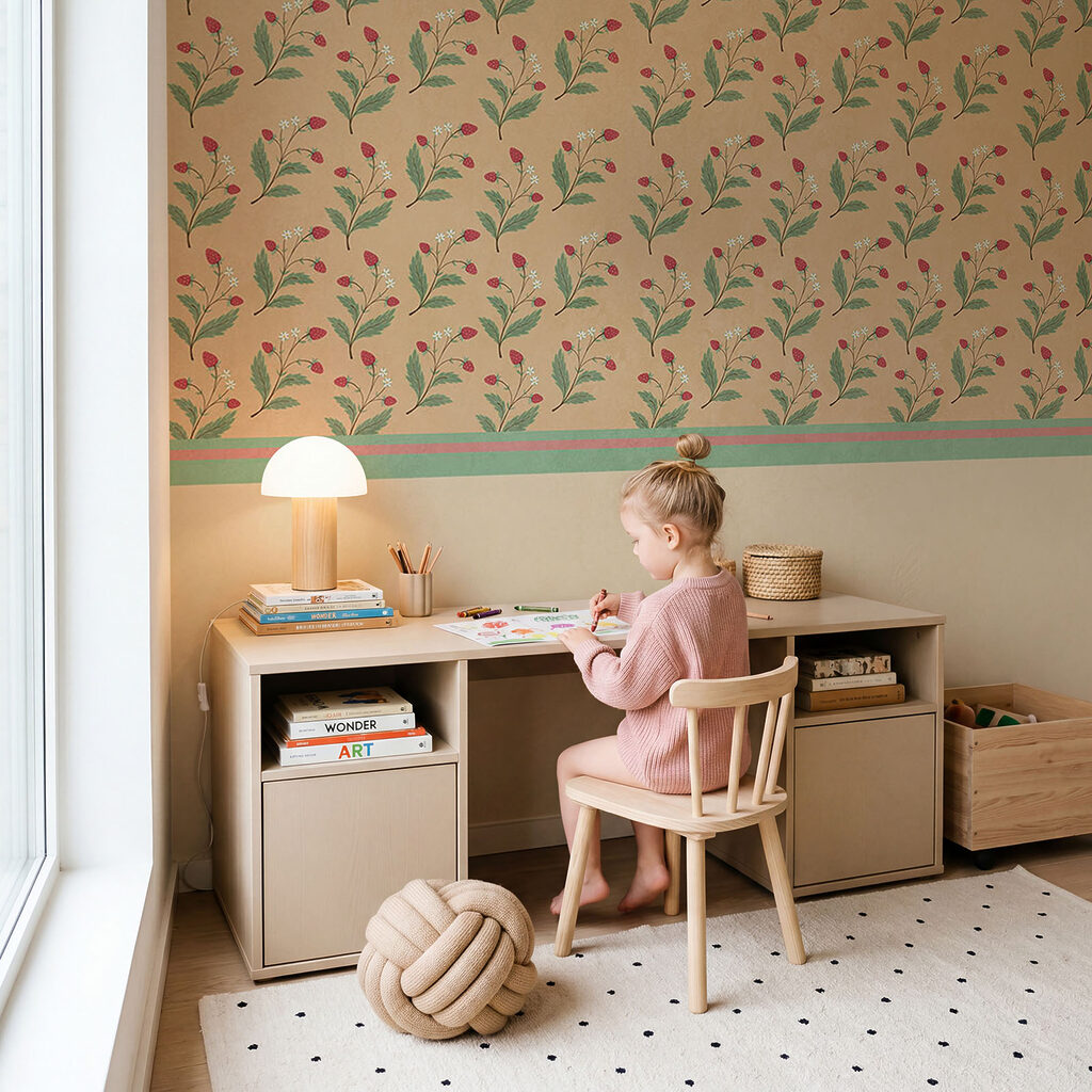 Bloementakjes boven effen zandkleur — interieur 1