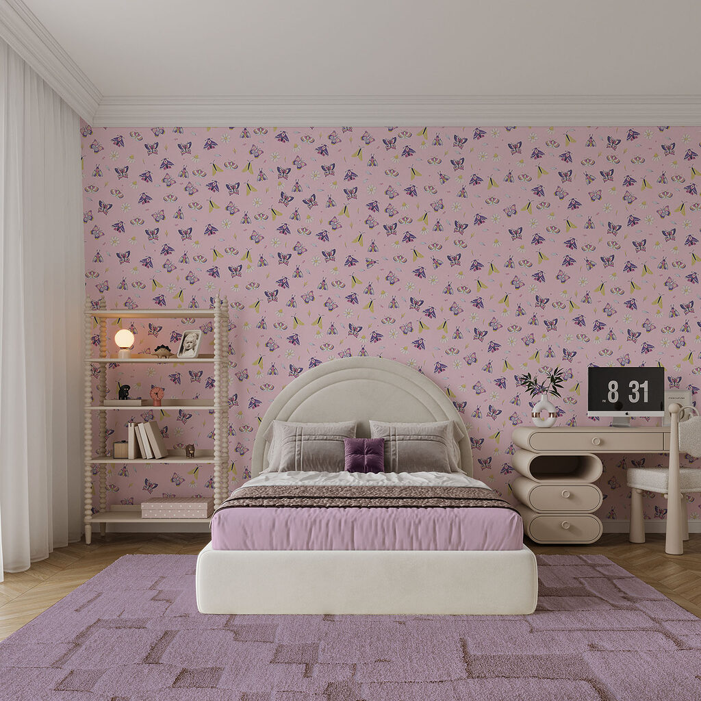 Motief met vlinders en bloemen in een interieur