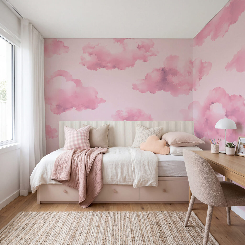Roze wolken tegen een roze achtergrond in een interieur