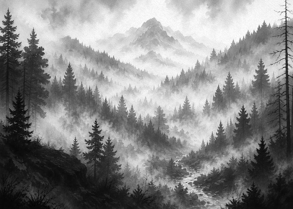 Dennenvallei in grijze mist — volledig ontwerp