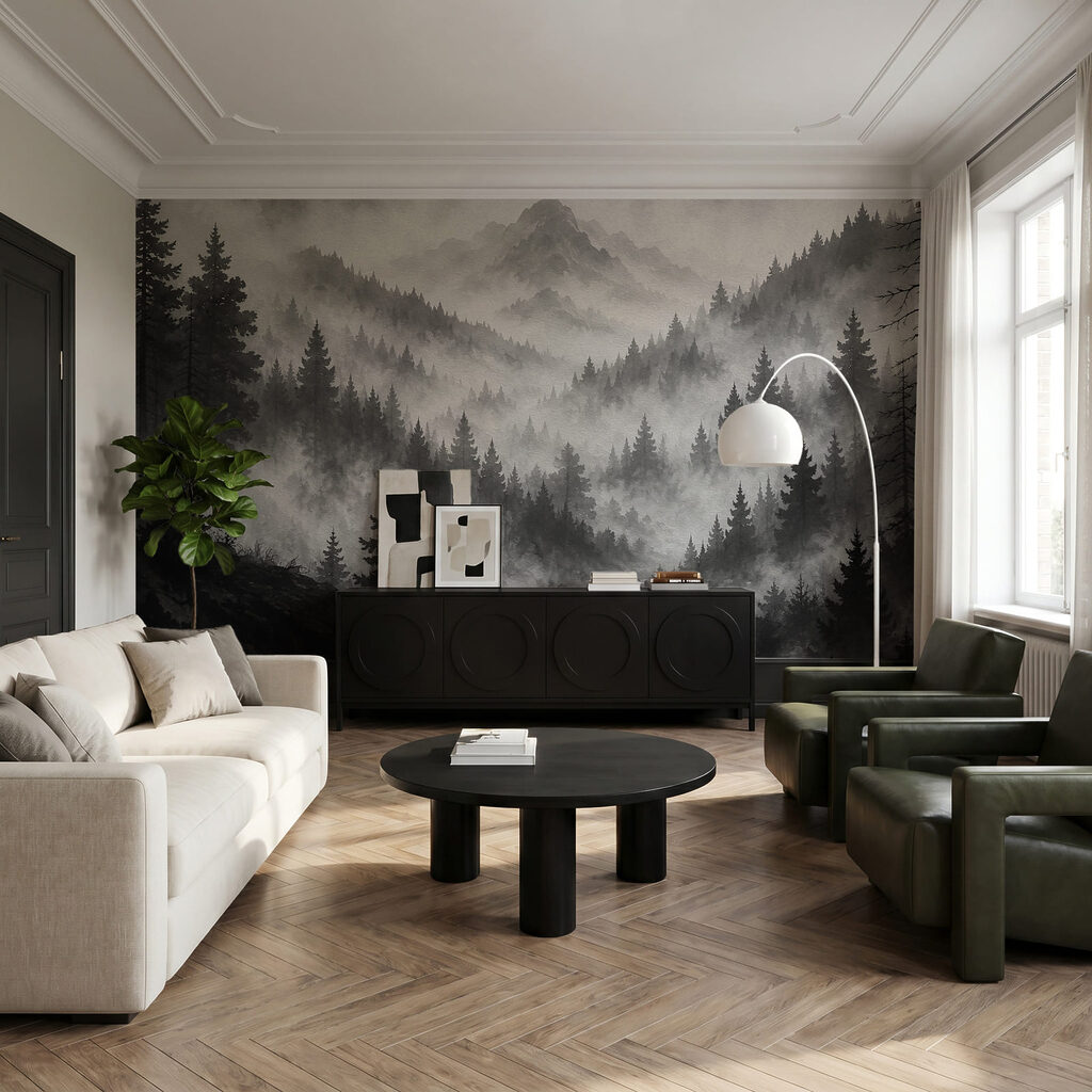 Dennenvallei in grijze mist — interieur 1