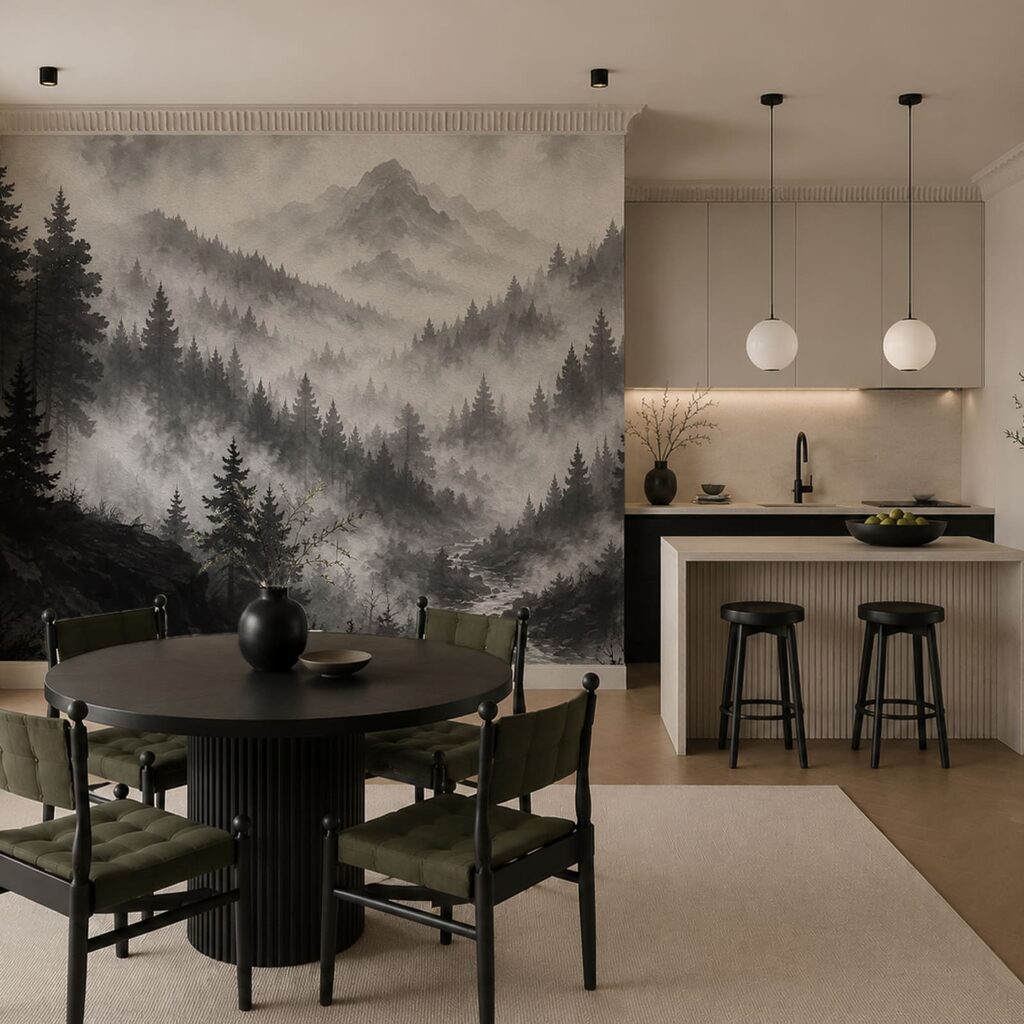 Dennenvallei in grijze mist — interieur 3