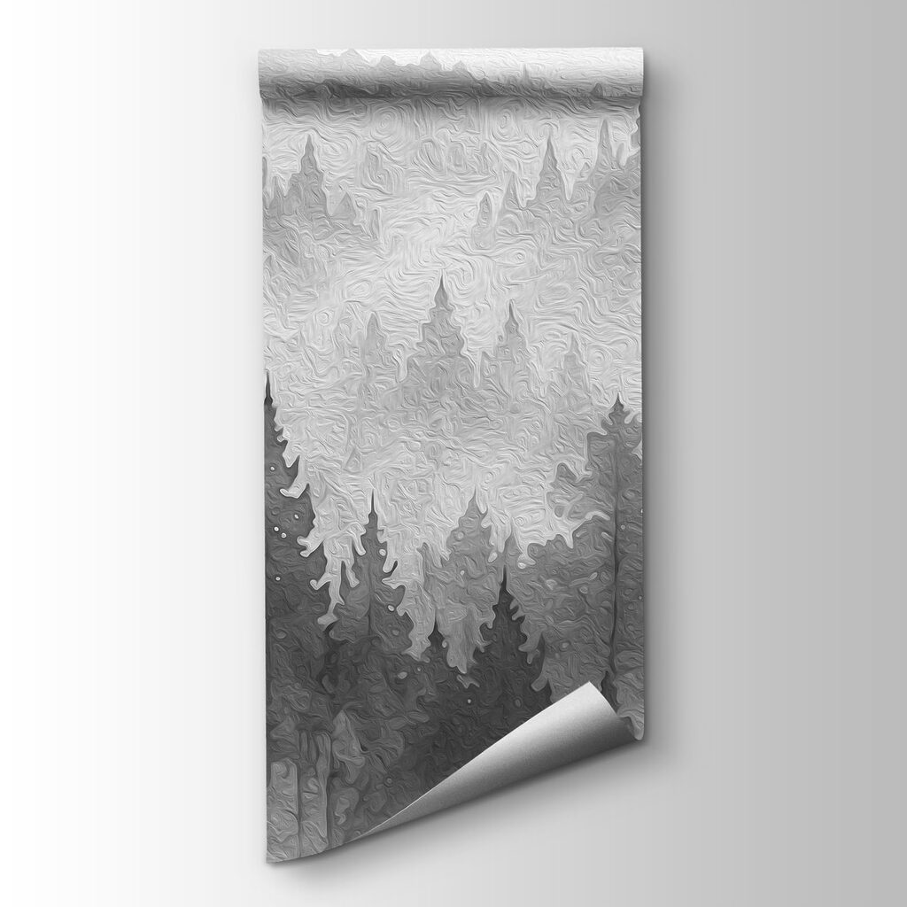 Dennenvallei in grijze mist — productweergave