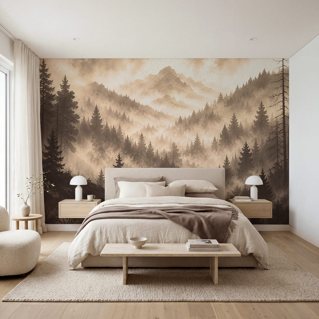 Mistig berglandschap met bomen en een rivier in een interieur