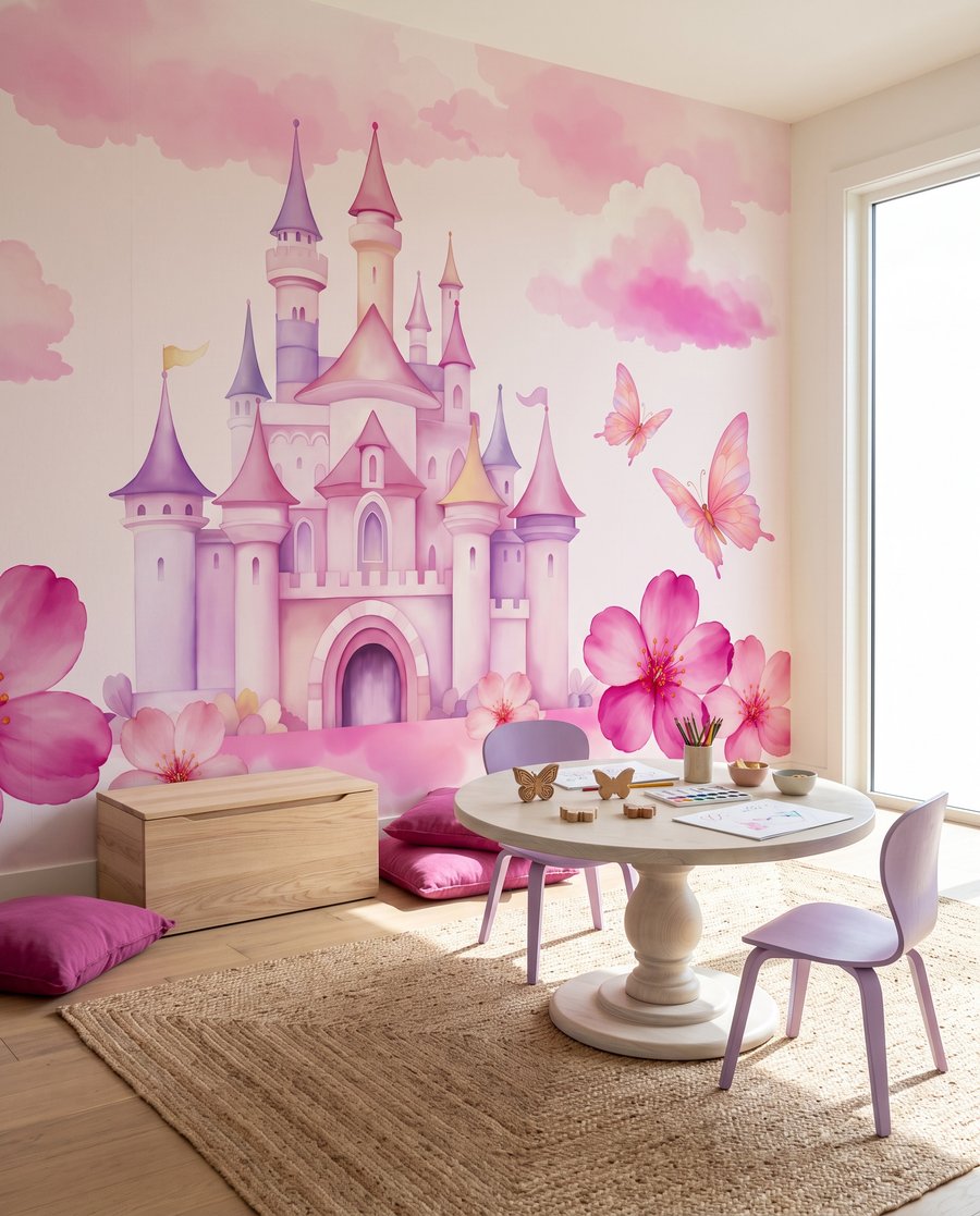 Roze kasteel met vlinders en roze wolken in een interieur