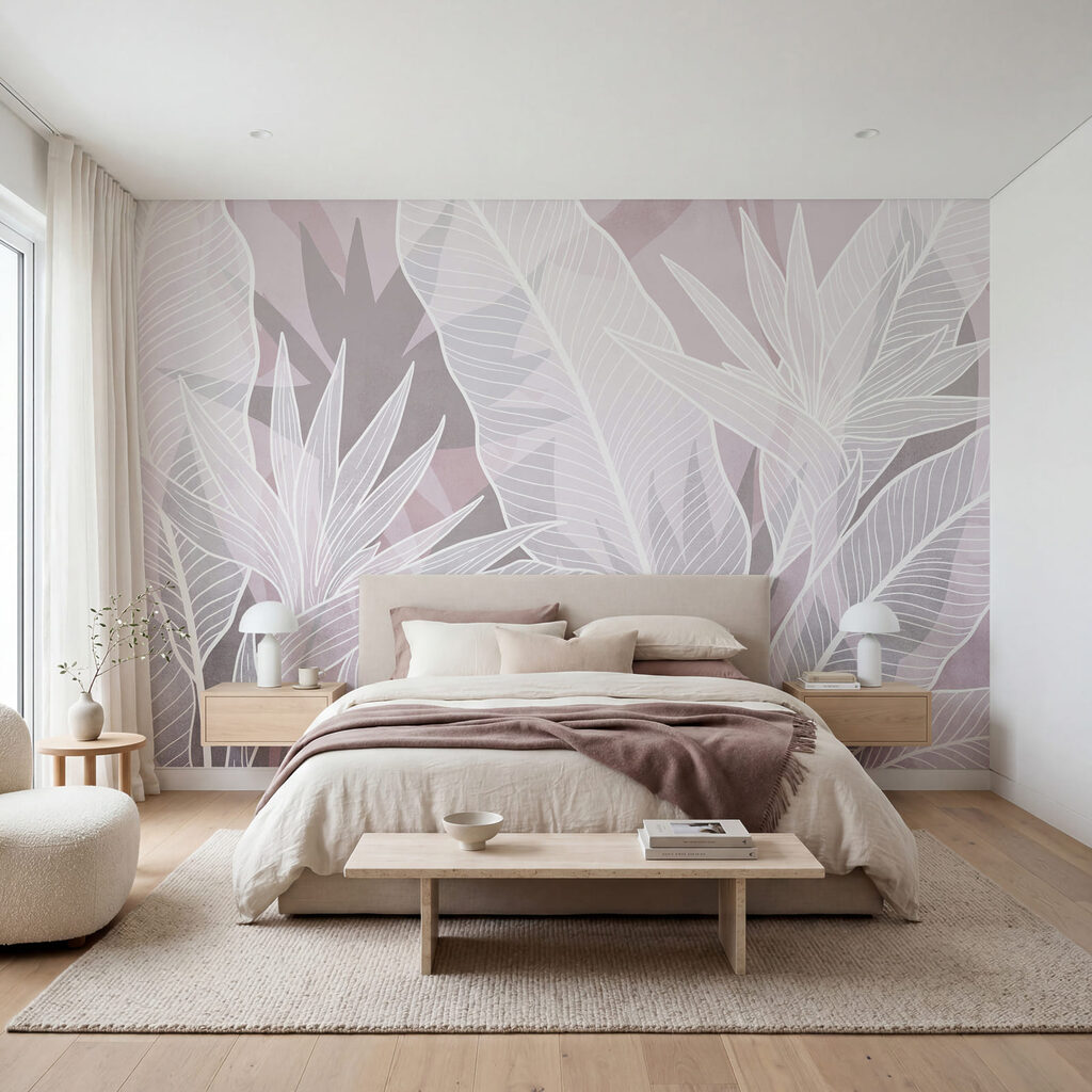Witte bladlijnen over oudroze — interieur 2