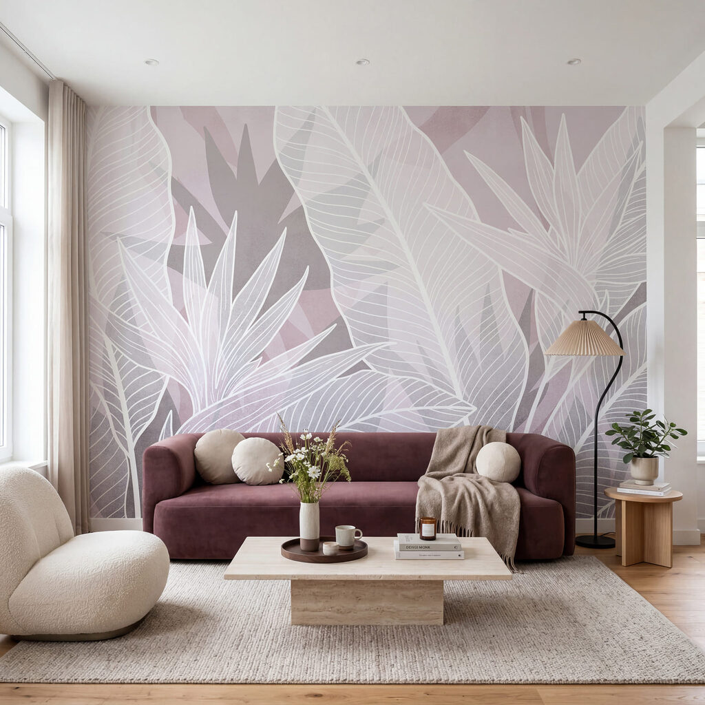 Witte bladlijnen over oudroze — interieur 1
