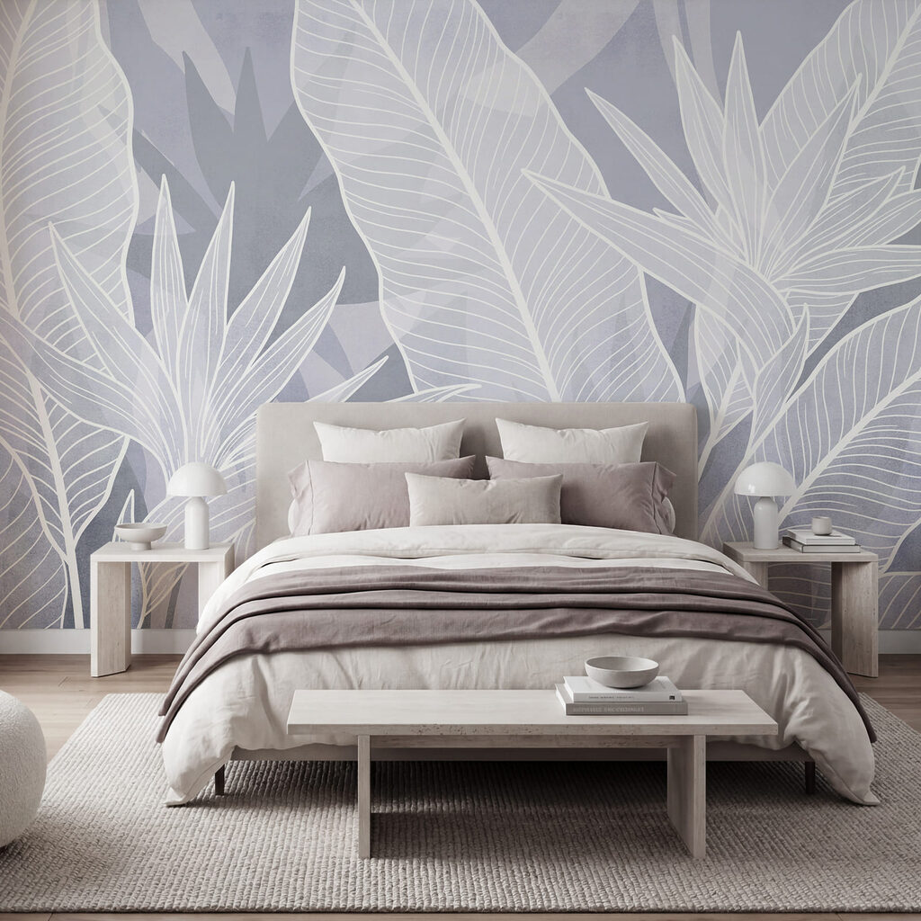 Witte bladeren op een blauwe achtergrond in een interieur