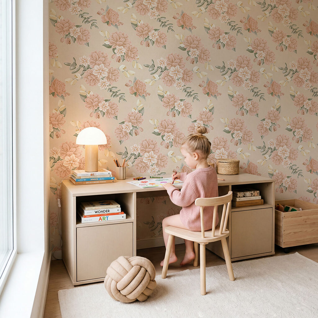 Bloemenpatroon op een beige achtergrond in een interieur
