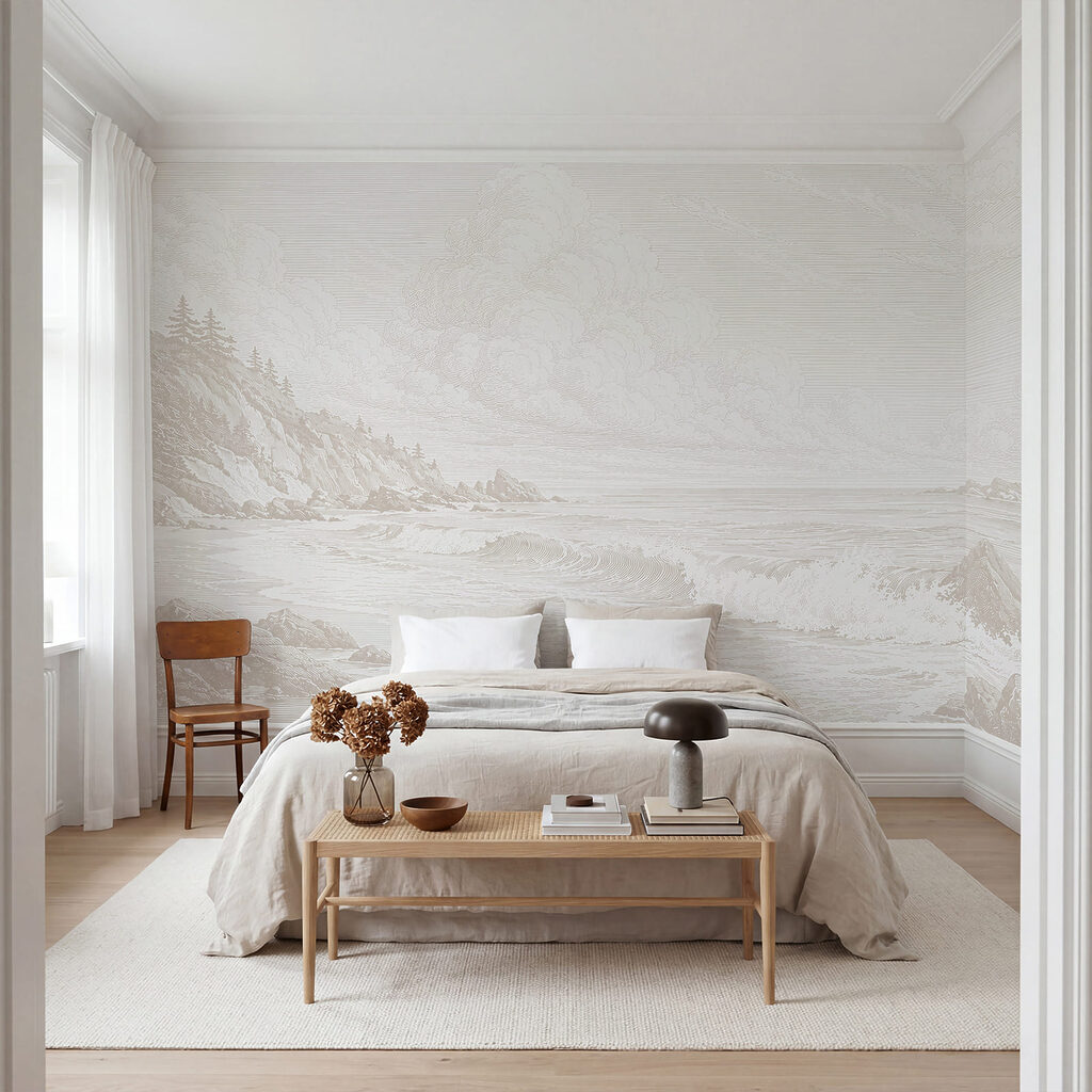 Tekening van een strand met golven in een interieur