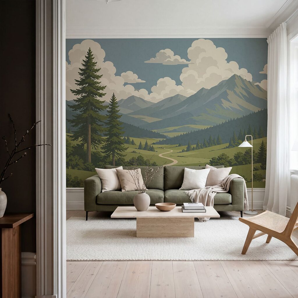 Landschap met een pad en bergen in een interieur
